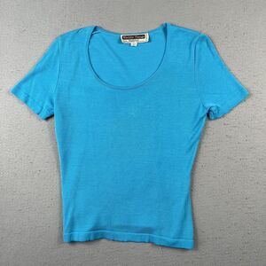 Worldly Things By Styltricot Knit Blouse Shirt Womens 6 Light Blue Short Sleeve